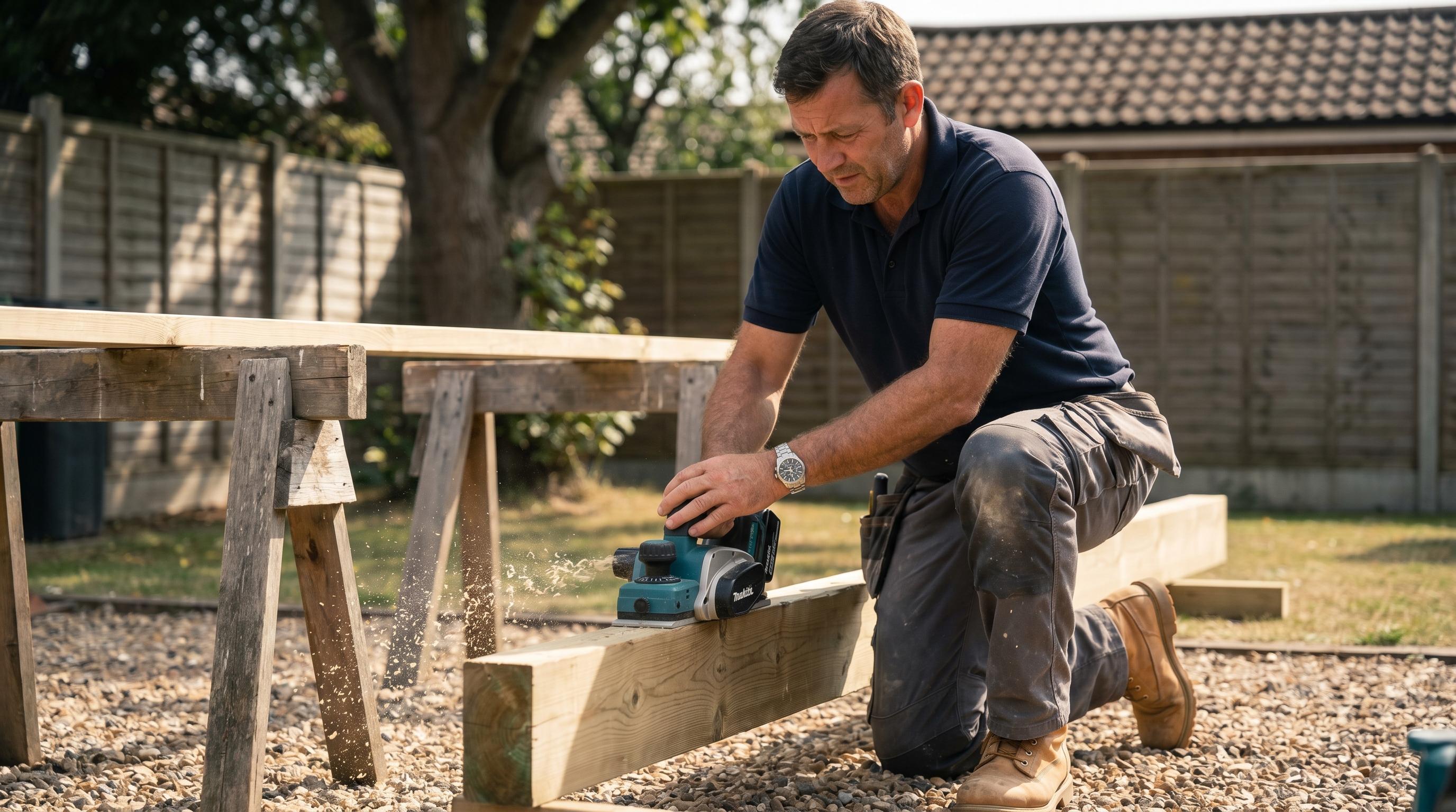 Tradesman using a cordless planer to true up a timber joist on a residential back-garden build