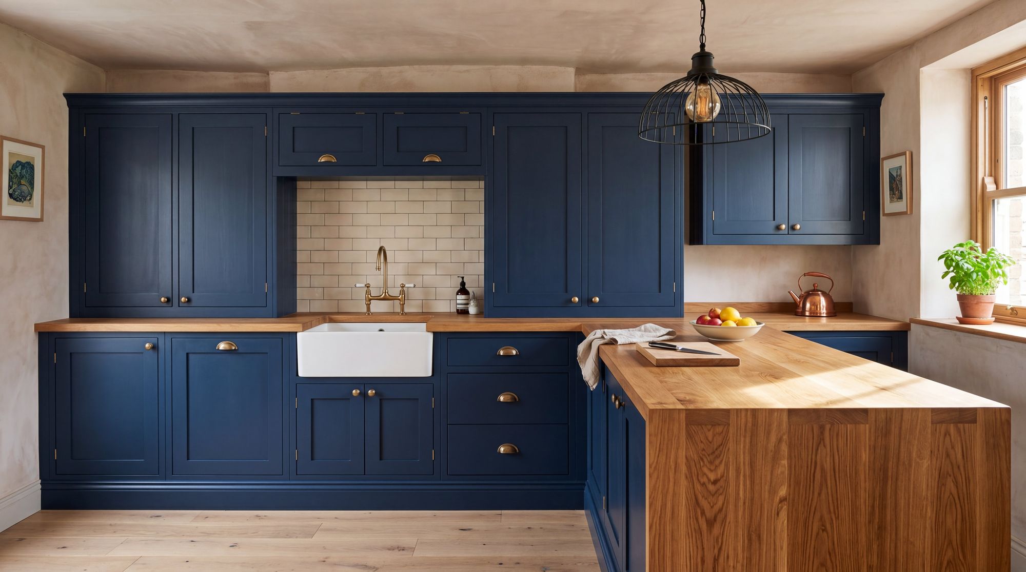 Navy shaker kitchen with oak worktop, brass tap and wood beam with industrial cage pendants