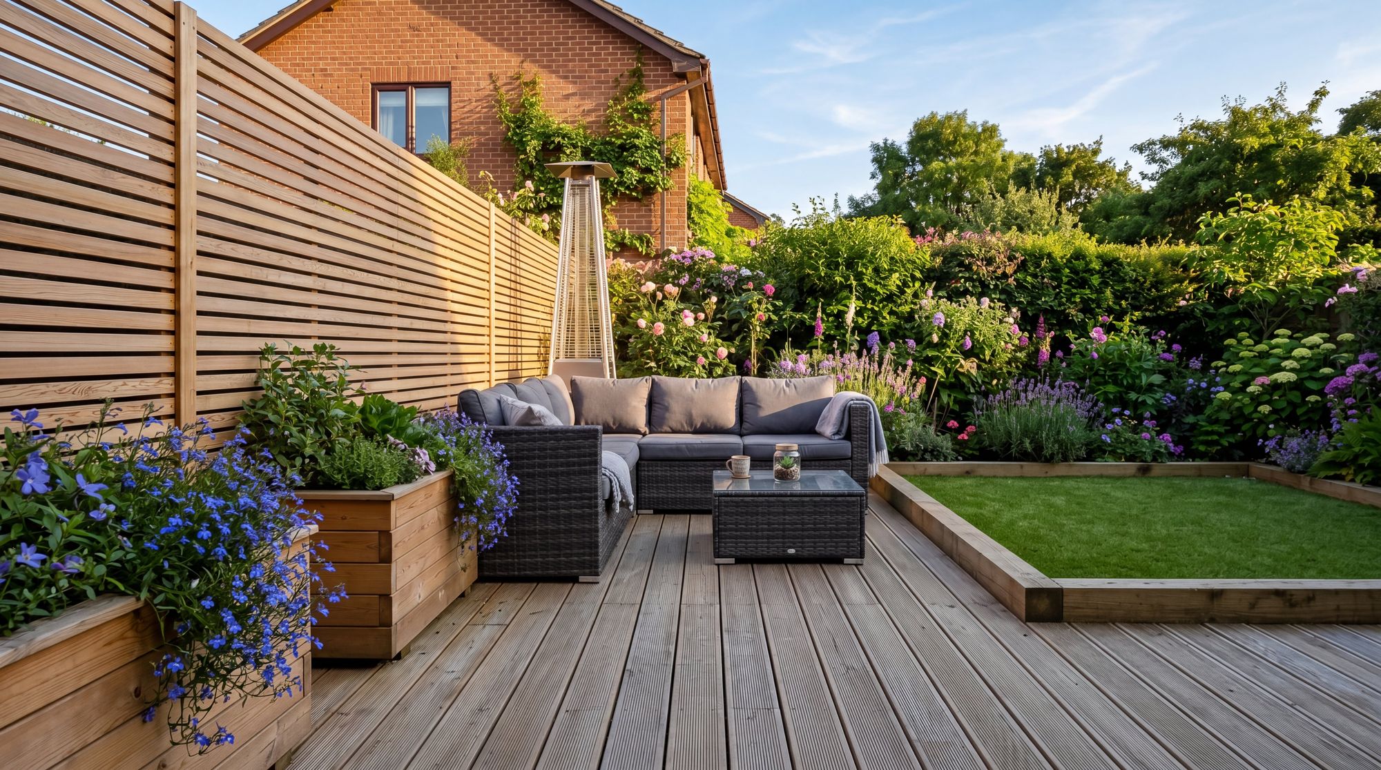 Finished softwood deck with cedar slatted fence, rattan seating and patio heater