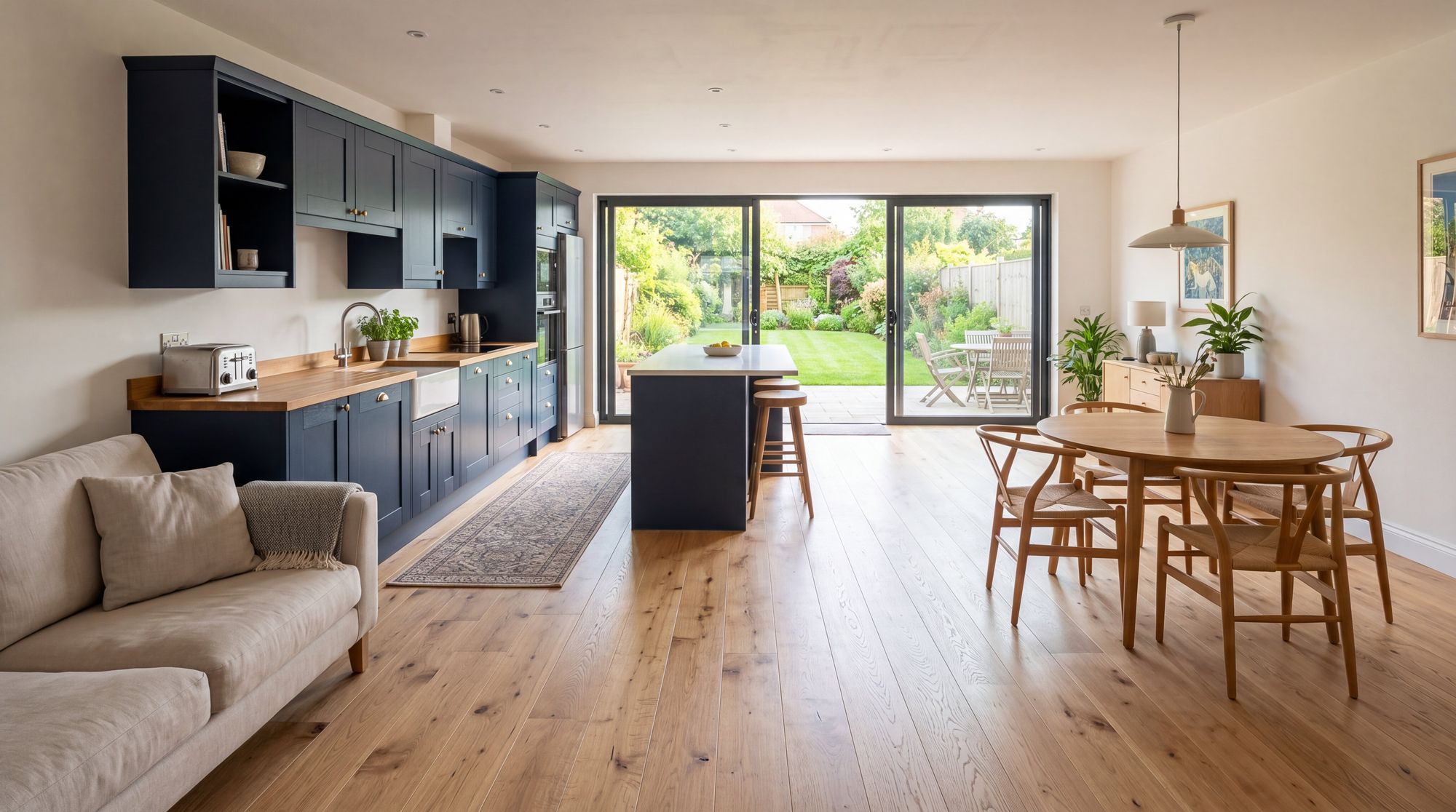 Light oak engineered flooring laid across an open-plan kitchen and living space