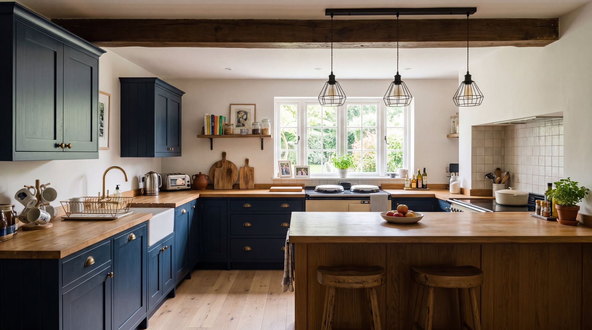 Refurbished open-plan kitchen and dining area with oak floor and navy cabinetry