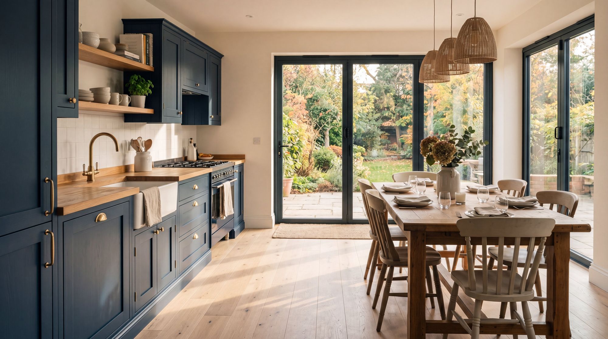 Completed open-plan kitchen-diner and garden view by SL Carpentry